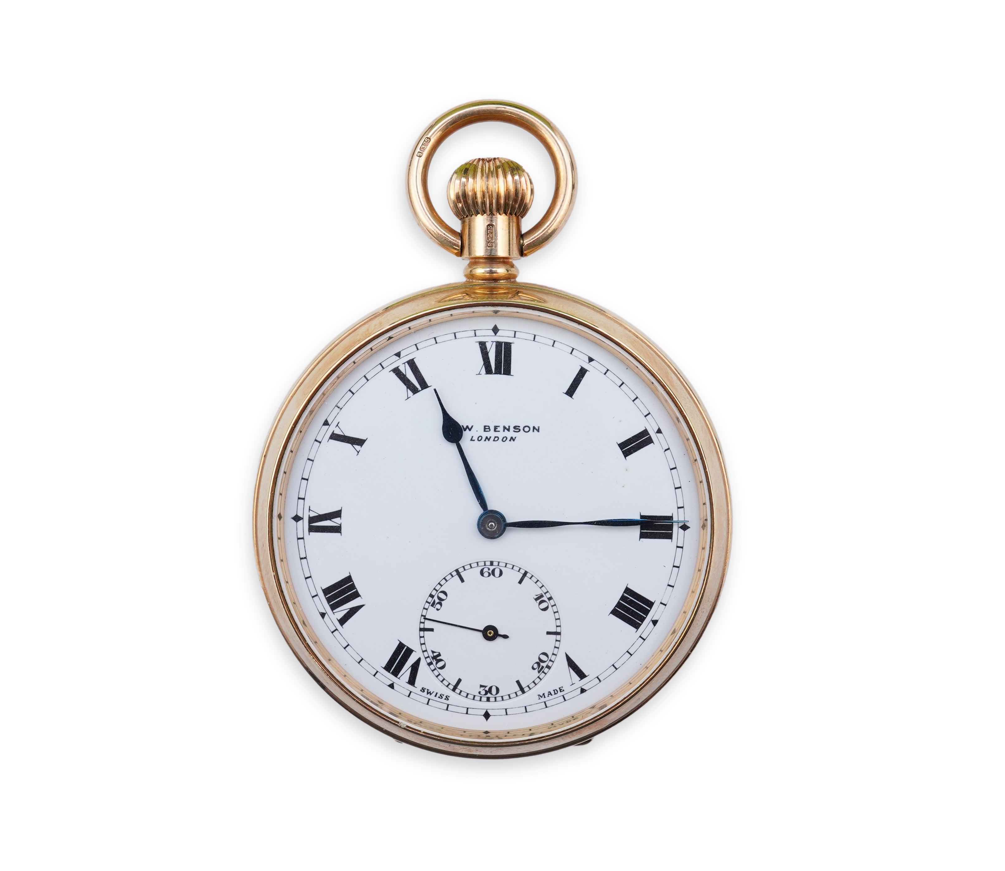 A George V 9ct gold J. W. Benson open faced keyless pocket watch